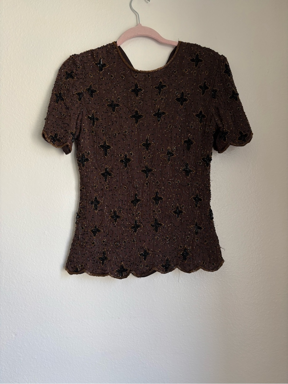 Stenay Brown Beaded Short-Sleeve Evening Top